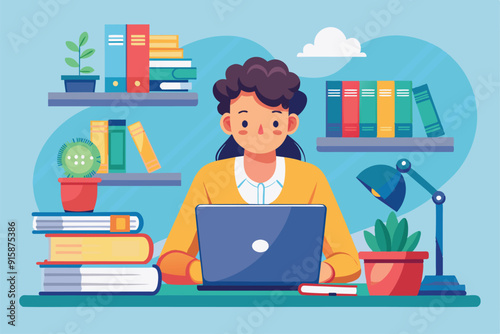 A person is focused on studying with a laptop, surrounded by books and plants in a comfortable study environment