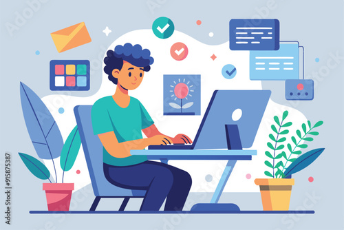 A person focuses on a graphic design project at a desk, with colorful elements and plants creating an inspiring workspace