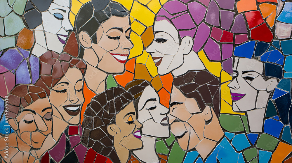 A mosaic of people with different colored faces and hair A mosaic of people with different colored faces and hair