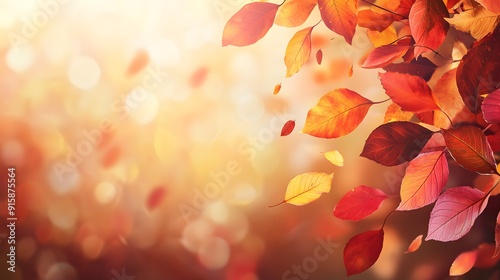 Golden season forest with autumn leaves. Red, orange and yellow foliage set flying cozy scene. Natural landscape for fall backdrop