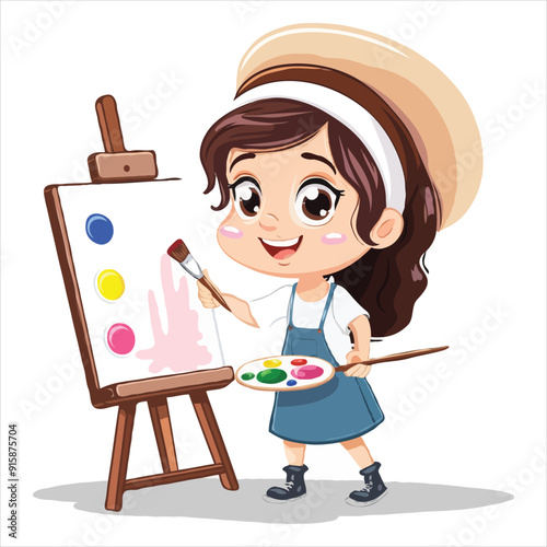 Cute simple clip art of a girl with a beret and paintbrush, holding a palette, as a flat vector illustration on a white background.