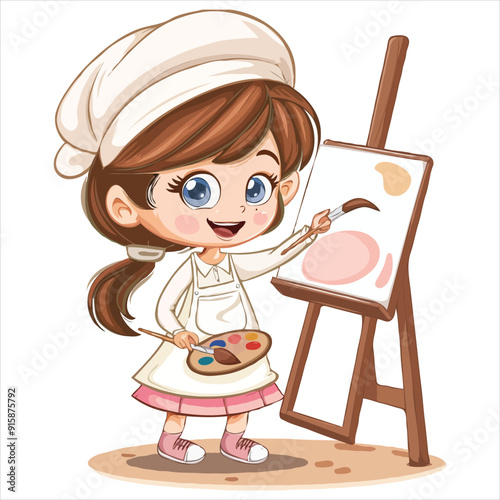 Cute simple clip art of a girl with a beret and paintbrush, holding a palette, as a flat vector illustration on a white background.