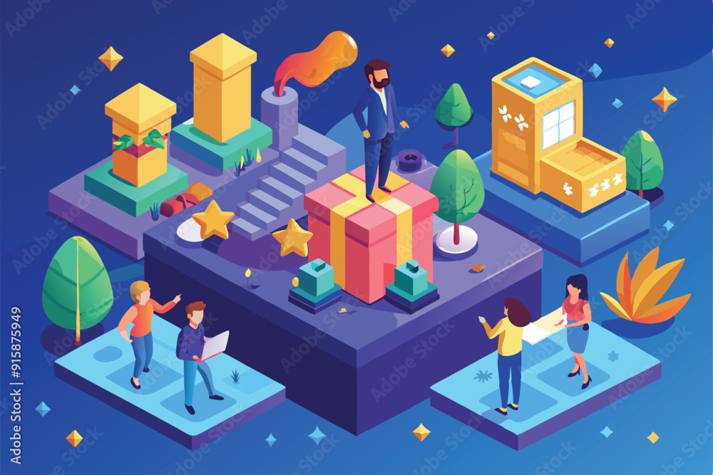 Obraz premium A group of individuals celebrates achievements and expresses appreciation in a colorful, isometric landscape filled with gifts and creative elements