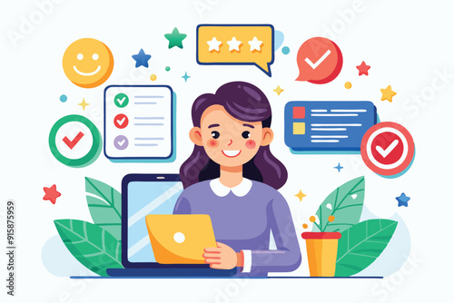 A person enthusiastically engaging with feedback while surrounded by cheerful graphics representing approval and satisfaction