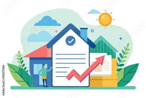A person stands next to a home while a contract showing upward trends symbolizes the growth in home purchase approvals