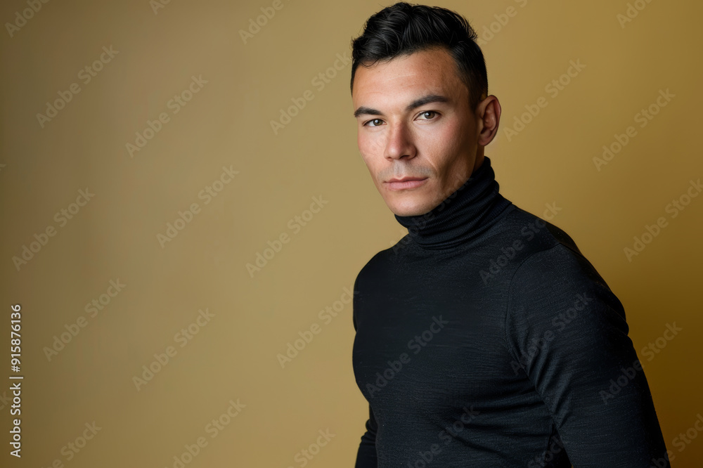 A poised male model displays an air of confidence while showcasing a stylish look against a warm, golden background in a studio setting. A poised male model displays an air of confidence while showcasing a stylish look against a warm, golden background in a studio setting.