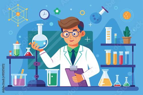 A professor is engaged in research, holding a flask while surrounded by equipment and colorful liquids in a well-organized laboratory