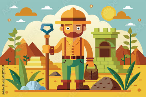 An archaeologist stands confidently in a desert, ready to uncover history with a shovel and a bag, surrounded by ancient ruins and natural elements