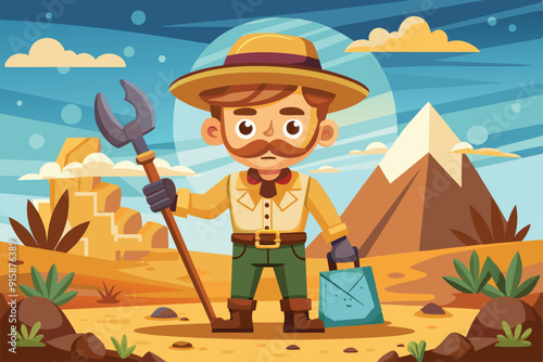A character stands in a desert, equipped with archaeological tools, ready to explore the surrounding ancient ruins and rocky landscape