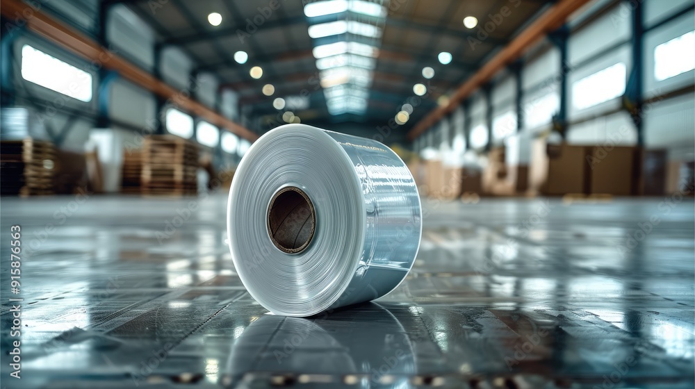 A reel of white stretch film, wrap on a warehouse floor. Generative AI. A reel of white stretch film, wrap on a warehouse floor. Generative AI.