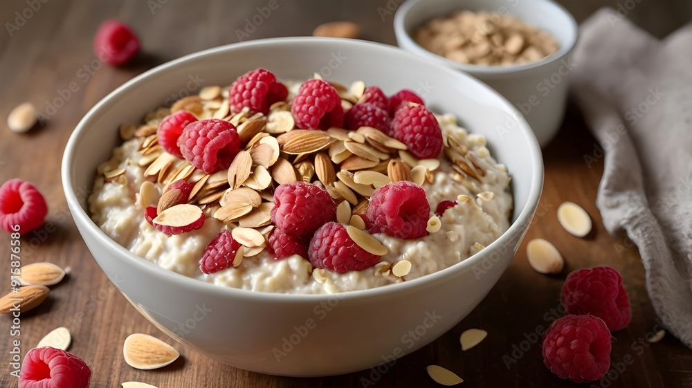 bowl of oatmeal with milk, berries and almonds bowl of oatmeal with milk, berries and almonds