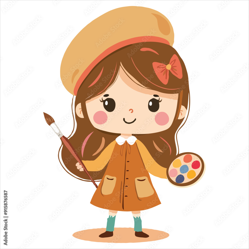 .Cute simple clip art of a girl with a beret and paintbrush, holding a palette, as a flat vector illustration on a white background.
.Cute simple clip art of a girl with a beret and paintbrush, holding a palette, as a flat vector illustration on a white background.