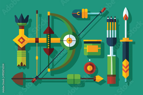 Colorful archery equipment including bows, arrows, and accessories arranged neatly on a vivid background, ideal for creative and educational uses