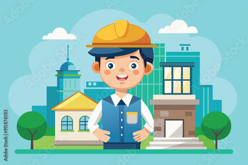 A cheerful architect in a hard hat stands proudly in front of various buildings in a vibrant cityscape, showcasing creativity and design