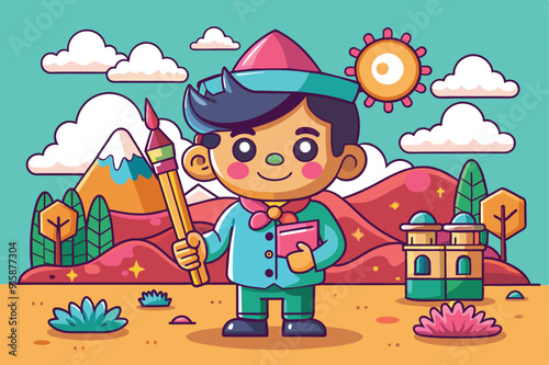 A playful cartoon character stands proudly in a colorful outdoor setting, ready to create art while surrounded by mountains and cheerful scenery