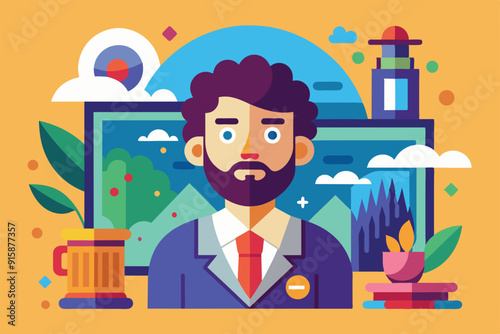 An art enthusiast admires colorful pieces in a lively gallery, surrounded by nature and creative elements, capturing the joy of art appreciation