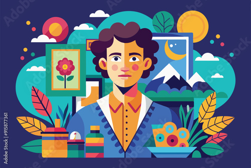 A person stands amidst vibrant art pieces and collectibles in a cozy studio, surrounded by plants and framed artwork under a sunny sky