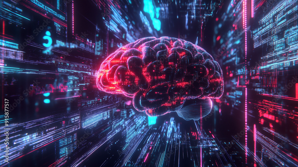 Obraz premium Holographic Brain With Floating Data Streams and Neon Circuits in a Digital Environment