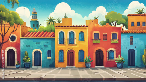 Colorful mediterranean village nestled in hills with a church tower, vibrant houses, lush greenery, and a winding road.