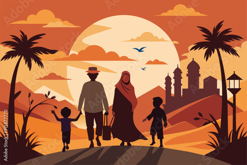 An Arab family strolls hand in hand at sunset, silhouetted against the vibrant sky and desert mountains