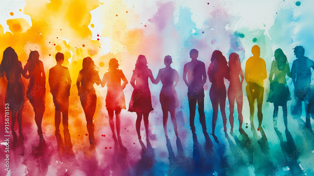 Colorful, diverse group of people standing in a circle, engaged in ...
