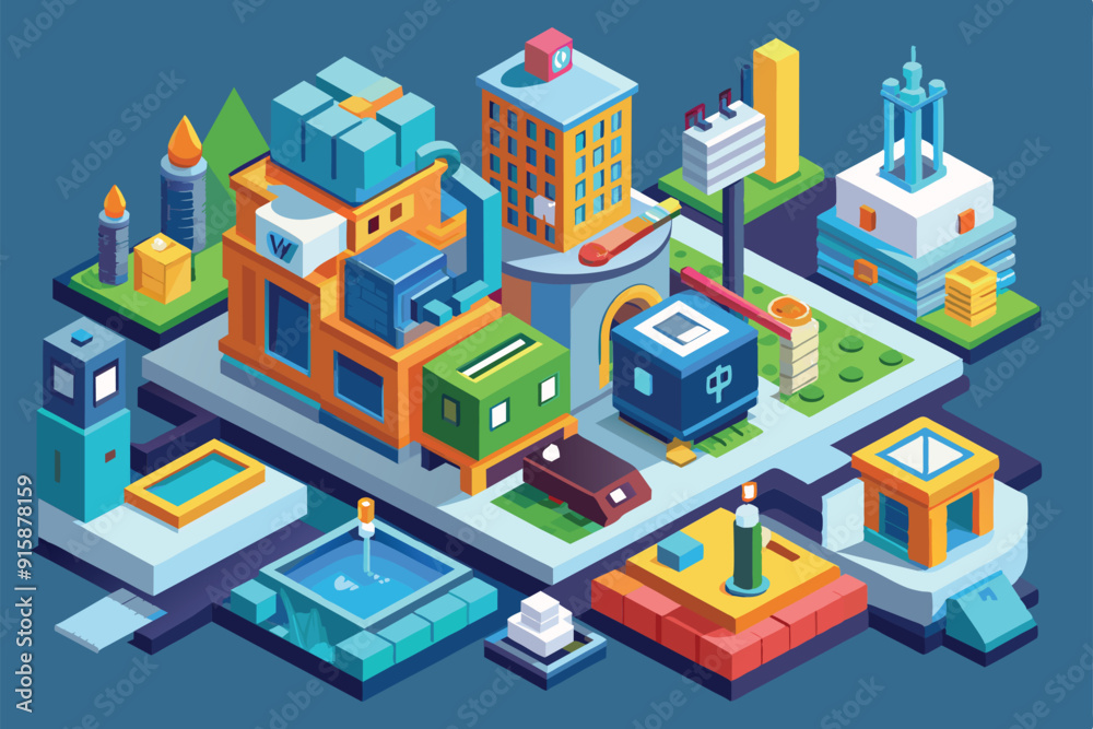 A dynamic isometric illustration showcasing an array of customizable urban assets arranged in a colorful cityscape with various buildings and structures A dynamic isometric illustration showcasing an array of customizable urban assets arranged in a colorful cityscape with various buildings and structures