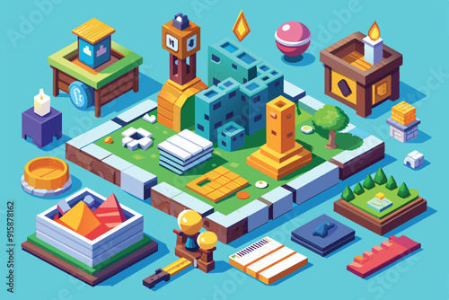 A vibrant isometric layout showcases various customizable assets ideal for game design, including structures, pathways, and interactive elements