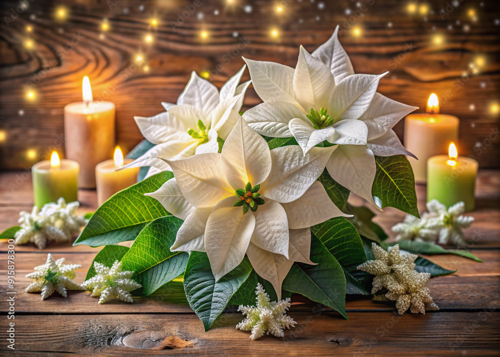 Fototapeta premium Delicate white poinsettia flowers with creamy bracts and bright green leaves sit atop a rustic wooden table, surrounded by soft winter candlelight and gentle snowflakes.