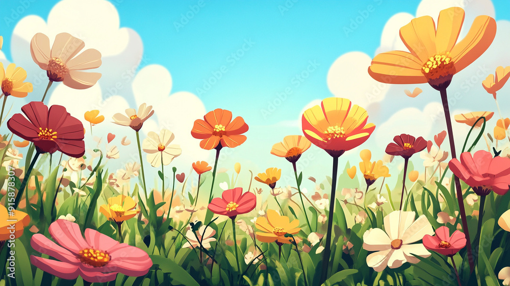 Cartoon simple garden background in bloom Cartoon simple garden background in bloom