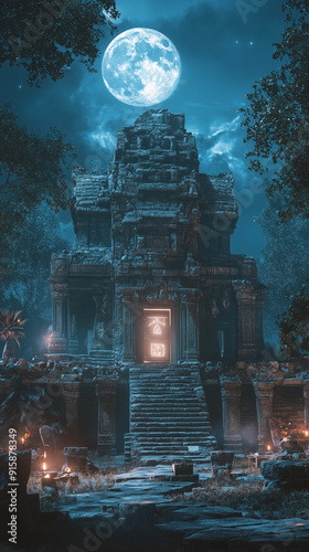 Ancient Stone Temple Illuminated by Glowing Glyphs in Moonlight 