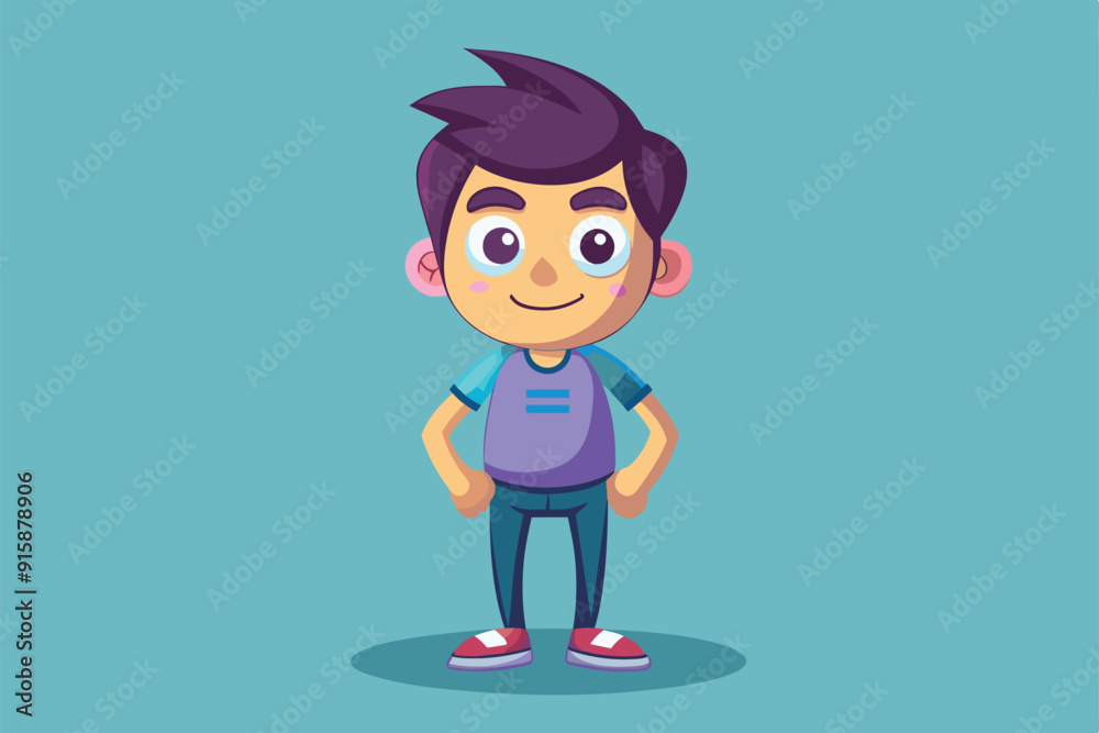 A cheerful young boy poses confidently, wearing a colorful outfit, against a light blue background, showcasing a fun, whimsical character design A cheerful young boy poses confidently, wearing a colorful outfit, against a light blue background, showcasing a fun, whimsical character design