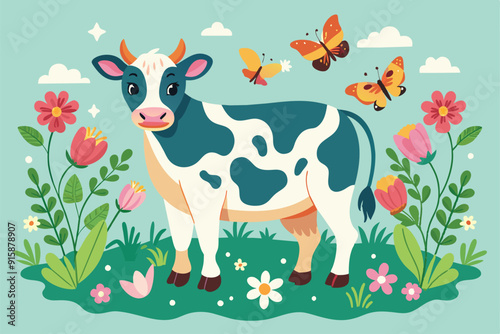 A delightful dairy cow stands amid vibrant flowers and playful butterflies, creating a whimsical atmosphere full of life and color