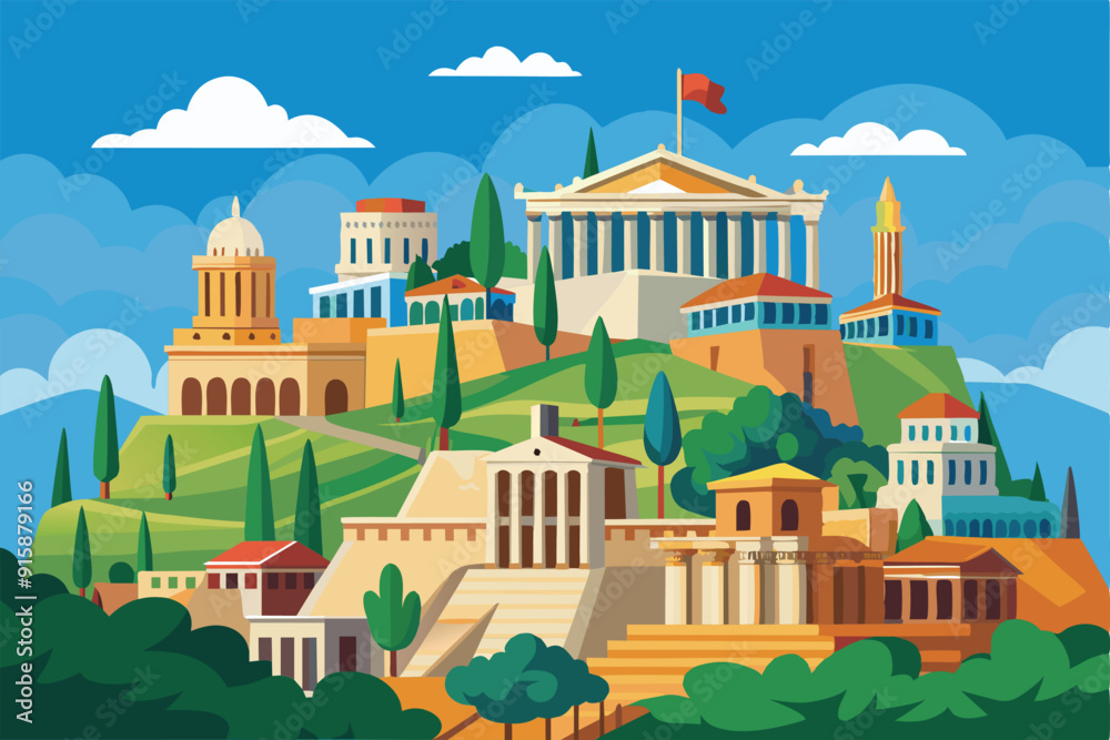 A colorful depiction of Athens with famous monuments, rolling hills, and vibrant trees under a clear blue sky, perfect for customization and creativity A colorful depiction of Athens with famous monuments, rolling hills, and vibrant trees under a clear blue sky, perfect for customization and creativity