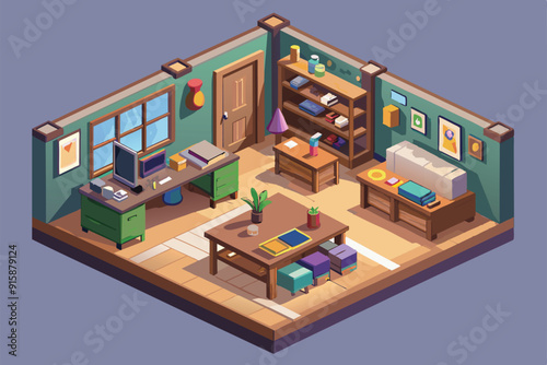 A stylish atelier workspace with green walls, a cozy desk, shelves filled with art supplies, and a plant, inviting creativity in a relaxing environment