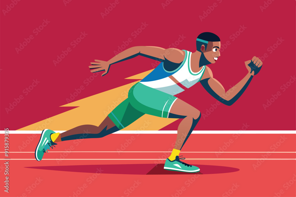 A runner sprints with determination on a track, showcasing athleticism and speed in a vibrant and dynamic setting A runner sprints with determination on a track, showcasing athleticism and speed in a vibrant and dynamic setting