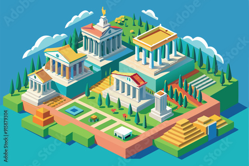Explore a detailed isometric depiction of famous Athens landmarks surrounded by vibrant greenery and clear skies showcasing the city's rich history