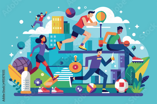Athletes showcase their skills in a lively cityscape, participating in running, basketball, soccer, and other sports against a colorful background
