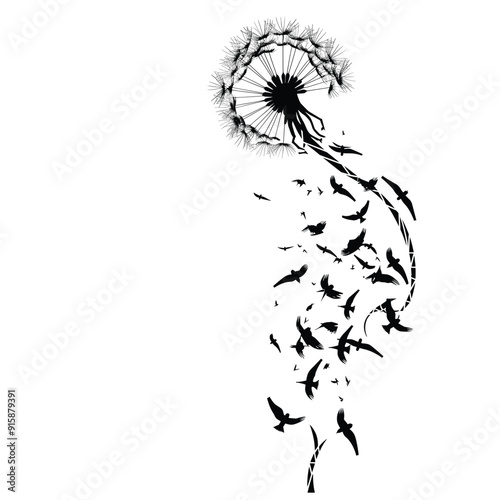 Silhouette of a dandelion with seeds transforming into birds as they disperse into the sky.
