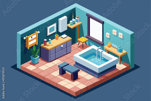 A customizable isometric bathroom design showcasing a bathtub, vanity, and decorative plants, perfect for modern home aesthetics