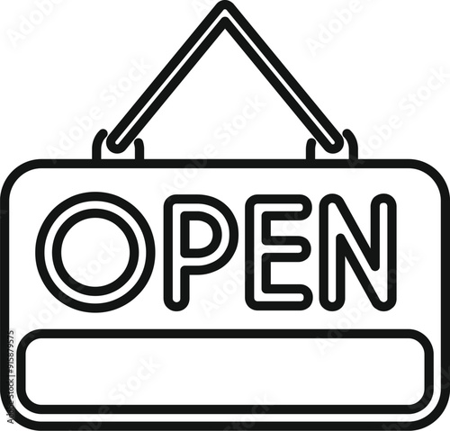 Simple line art icon of an open sign hanging, conveying a message of availability and welcome
