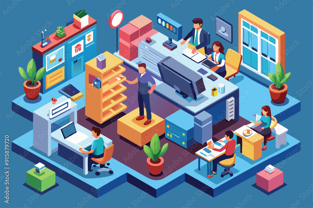 A vibrant workspace features employees collaborating at desks, engaging in meetings, and utilizing technology in a dynamic office setting