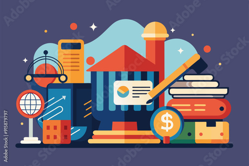 This illustration showcases diverse auction elements like gavel, documents, and money, symbolizing the auction process in a vibrant and engaging style photo