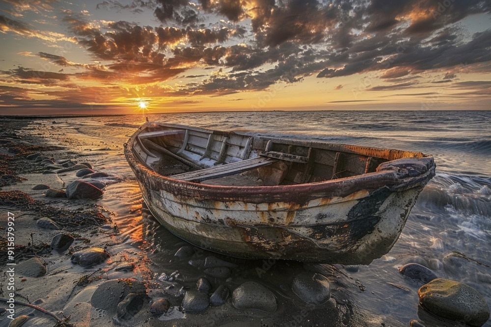 A boat sitting on top of a beach next to the ocean, perfect for a summer or vacation theme A boat sitting on top of a beach next to the ocean, perfect for a summer or vacation theme