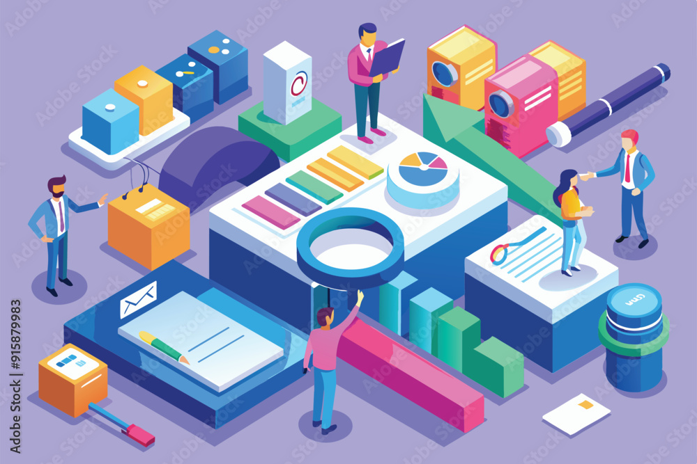 A vibrant isometric illustration depicting a group of professionals engaged in an audit process, using various data analysis tools and documents in a dynamic office setting A vibrant isometric illustration depicting a group of professionals engaged in an audit process, using various data analysis tools and documents in a dynamic office setting
