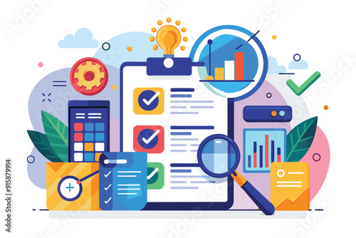 A vibrant illustration of an audit process showcasing checklists, charts, magnifying glass, and office tools for effective evaluation and analysis