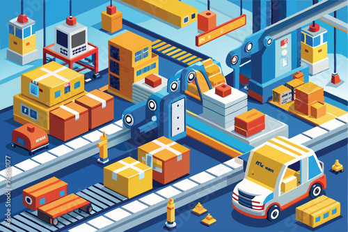 Automated machinery efficiently sorts and manages packages in a bustling warehouse, enhancing productivity and streamlining logistics operations