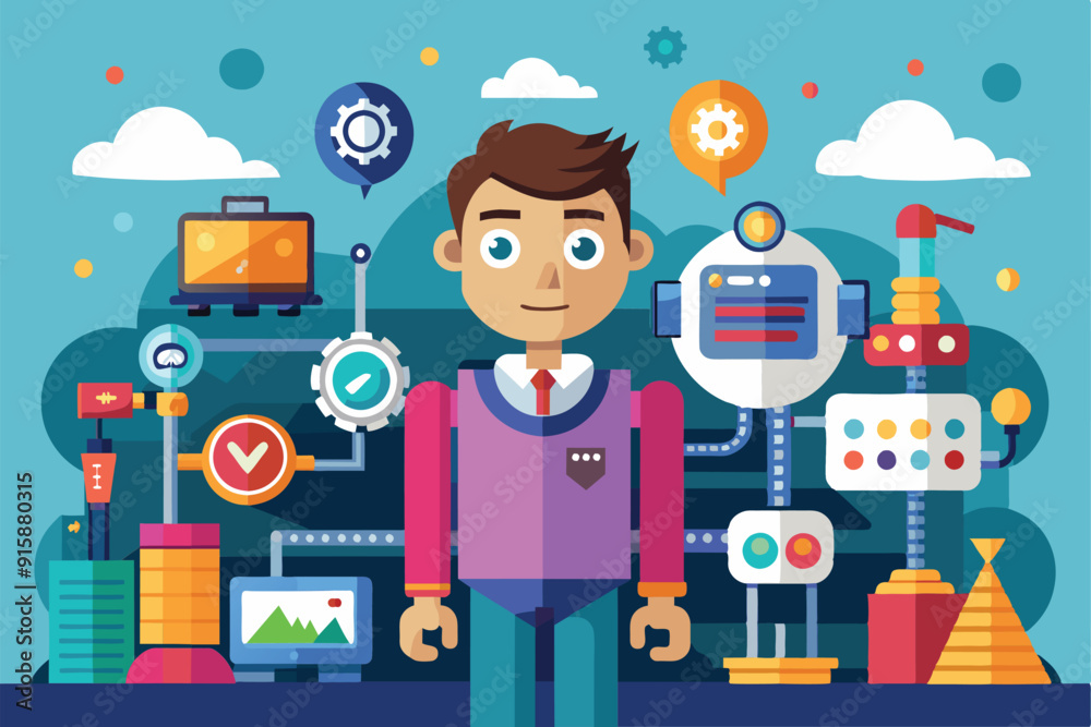 A character stands in a lively tech landscape filled with various autonomous devices and digital elements, illustrating a vibrant blend of innovation and creativity