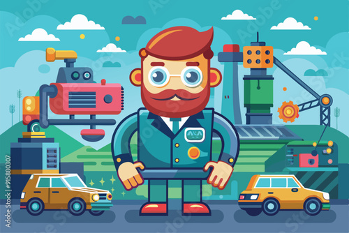 A cheerful autonomy expert stands confidently among cars and machinery, showcasing innovation in a lively industrial landscape