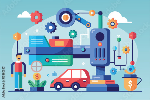 A lively and colorful illustration depicts robotic arms, gears, and a man next to a car, showcasing advanced automation and innovation in technology