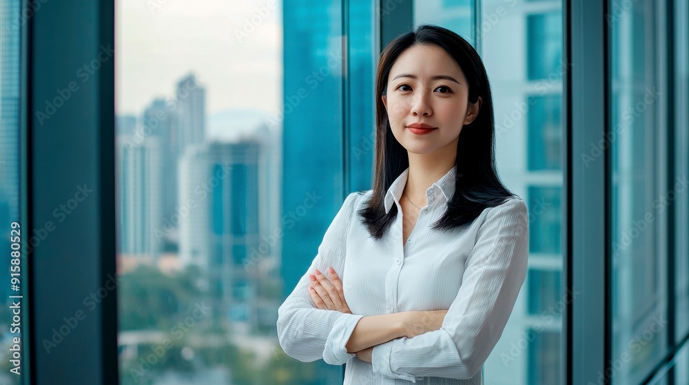Fototapeta premium A business woman at the window of a high-rise building, arms crossed, looks into the distance, illuminated by bright daylight.